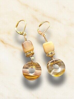 Handmade Banded Agate Dangle Earrings Gold Tone Leverback Earthy Boho Jewelry